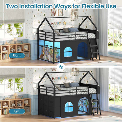 Twin Low Loft Bed with 6 Drawers Stuffed Animal Storage and LED Lights Black