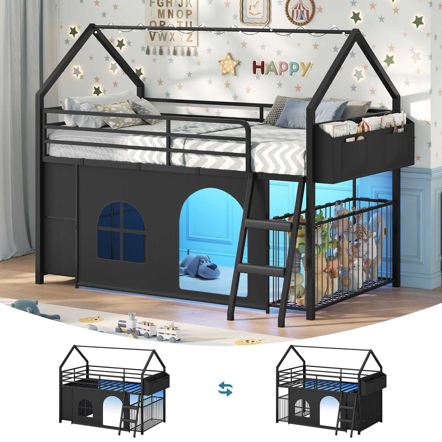 Twin Low Loft Bed with 6 Drawers Stuffed Animal Storage and LED Lights Black