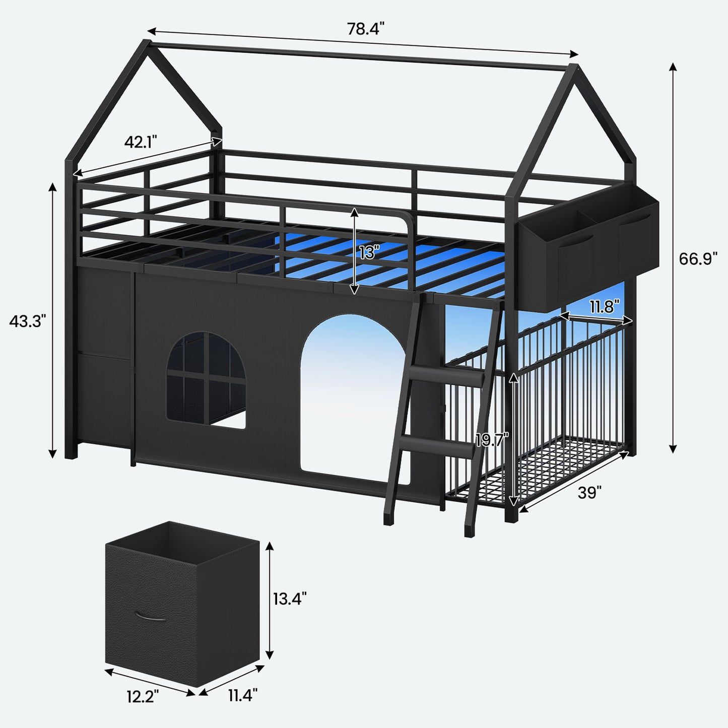 Twin Low Loft Bed with 6 Drawers Stuffed Animal Storage and LED Lights Black