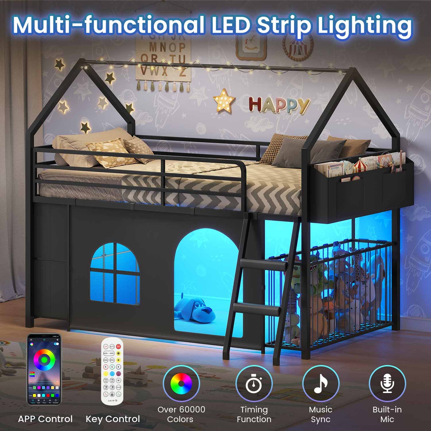 Twin Low Loft Bed with 6 Drawers Stuffed Animal Storage and LED Lights Black