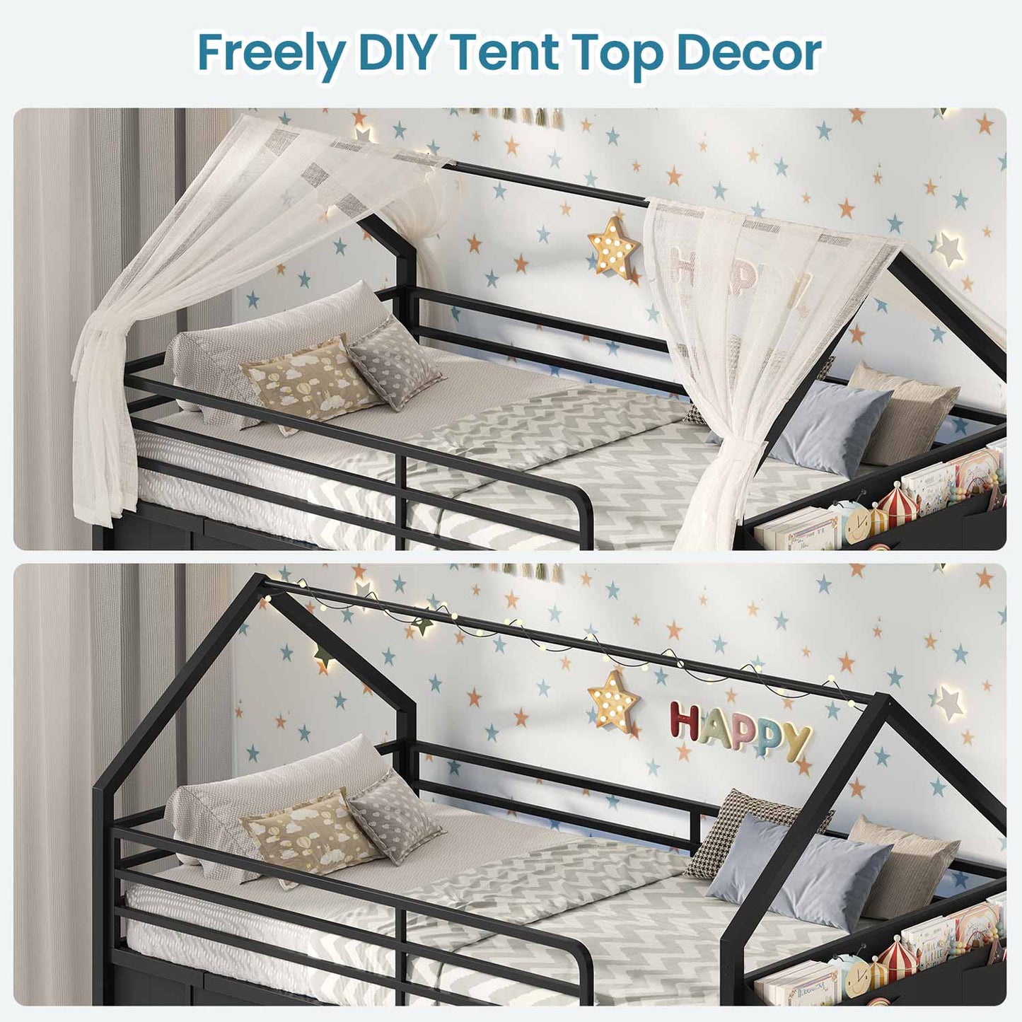 Twin Low Loft Bed with 6 Drawers Stuffed Animal Storage and LED Lights Black