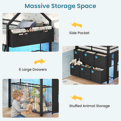 Twin Low Loft Bed with 6 Drawers Stuffed Animal Storage and LED Lights Black
