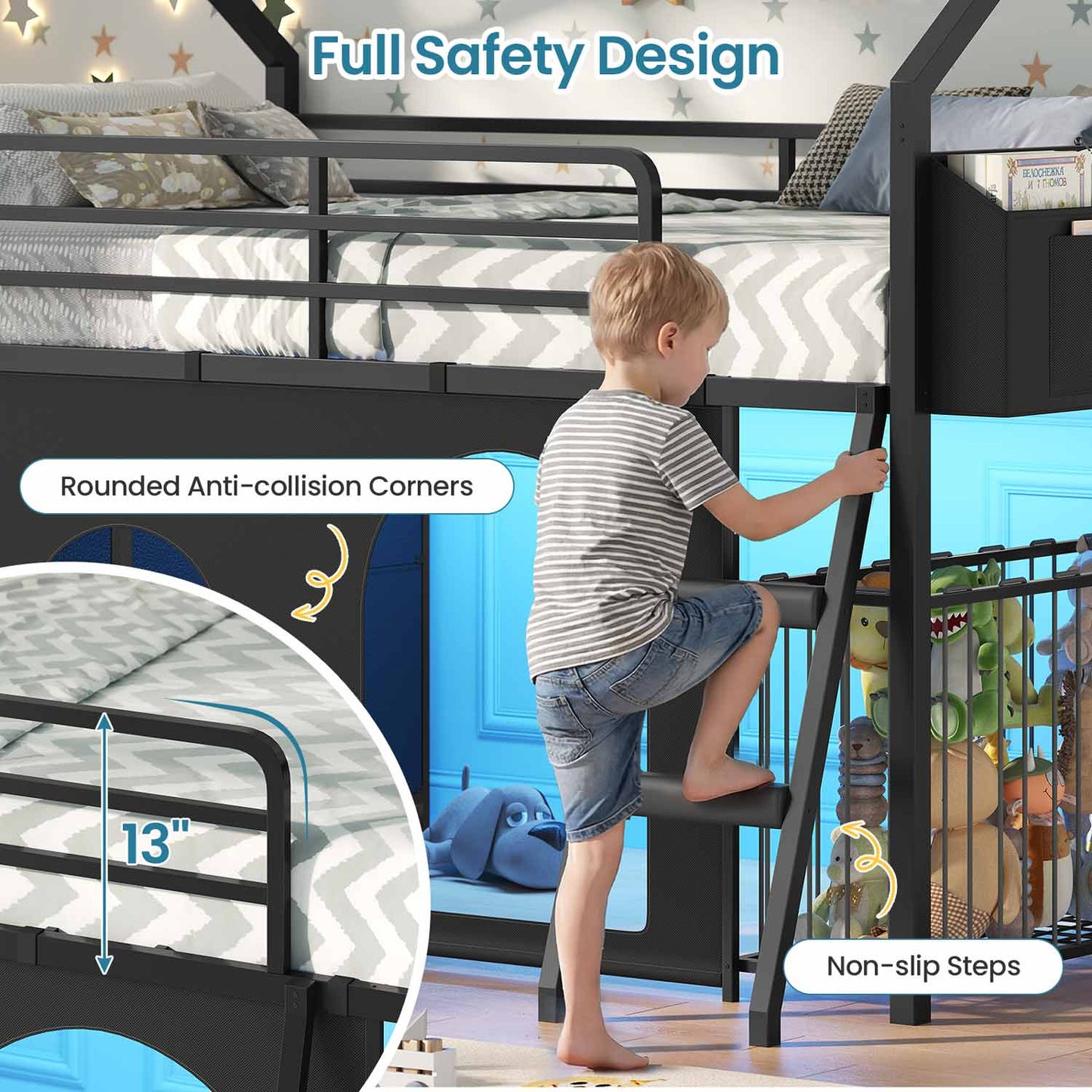 Twin Low Loft Bed with 6 Drawers Stuffed Animal Storage and LED Lights Black
