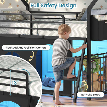 Twin Low Loft Bed with 6 Drawers Stuffed Animal Storage and LED Lights Black