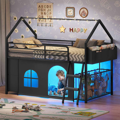 Twin Low Loft Bed with 6 Drawers Stuffed Animal Storage and LED Lights Black