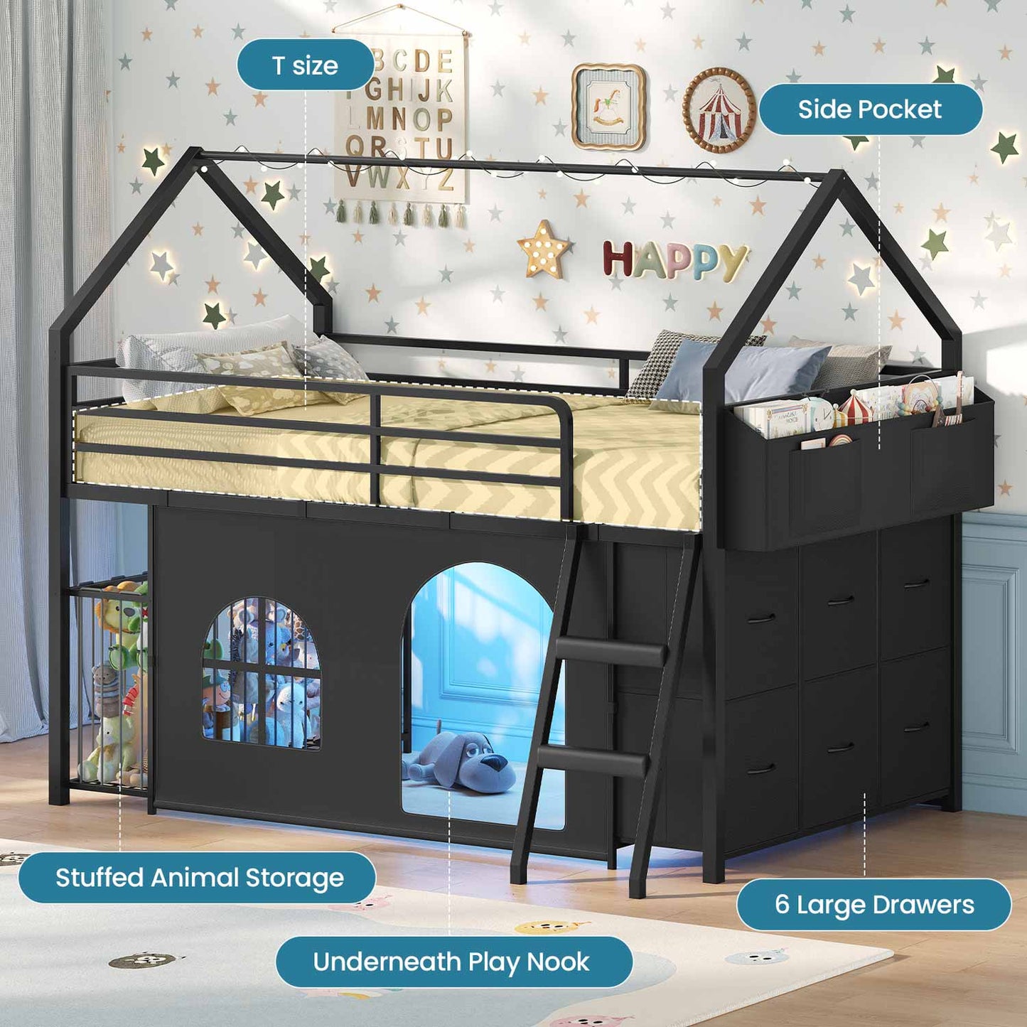 Twin Low Loft Bed with 6 Drawers Stuffed Animal Storage and LED Lights Black