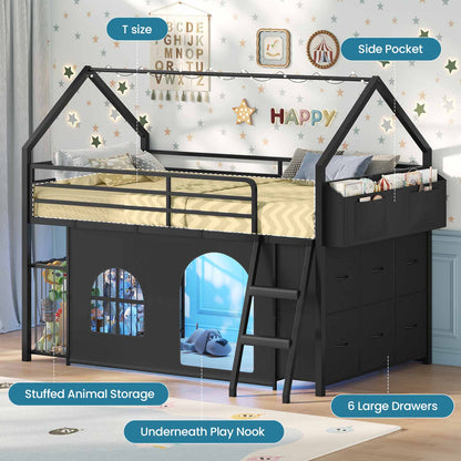 Twin Low Loft Bed with 6 Drawers Stuffed Animal Storage and LED Lights Black