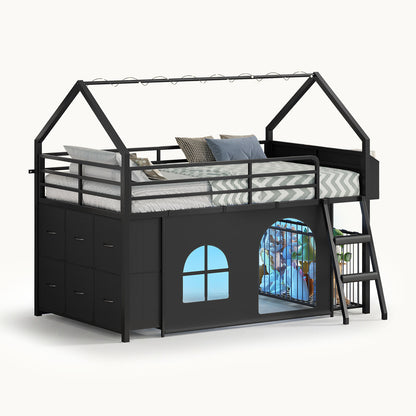 Twin Low Loft Bed with 6 Drawers Stuffed Animal Storage and LED Lights Black