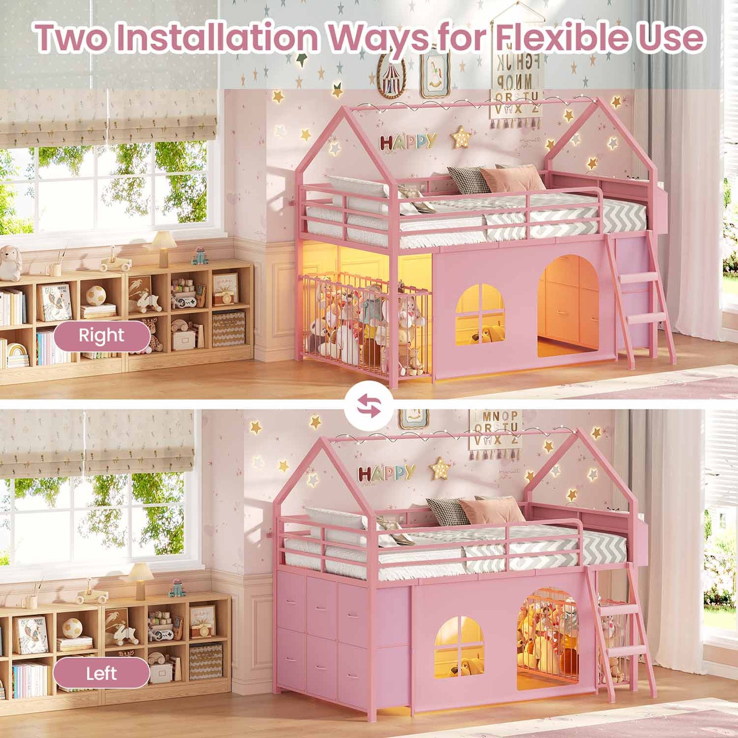 Twin Low Loft Bed with 6 Drawers Stuffed Animal Storage and LED Lights Pink