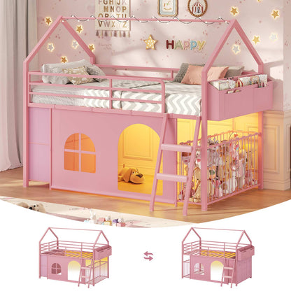 Twin Low Loft Bed with 6 Drawers Stuffed Animal Storage and LED Lights Pink