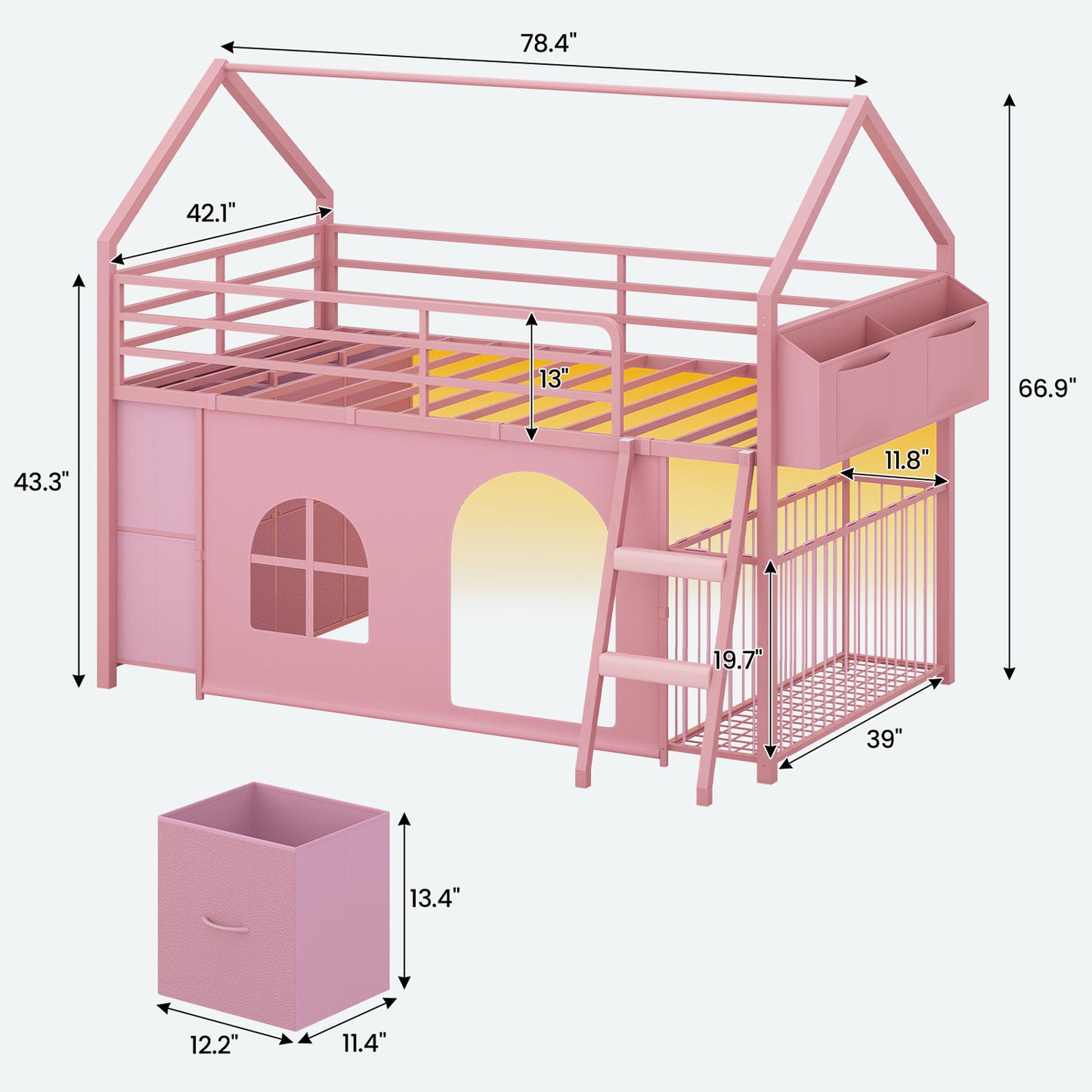 Twin Low Loft Bed with 6 Drawers Stuffed Animal Storage and LED Lights Pink