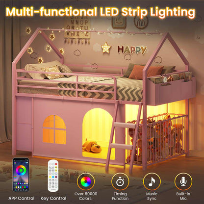 Twin Low Loft Bed with 6 Drawers Stuffed Animal Storage and LED Lights Pink