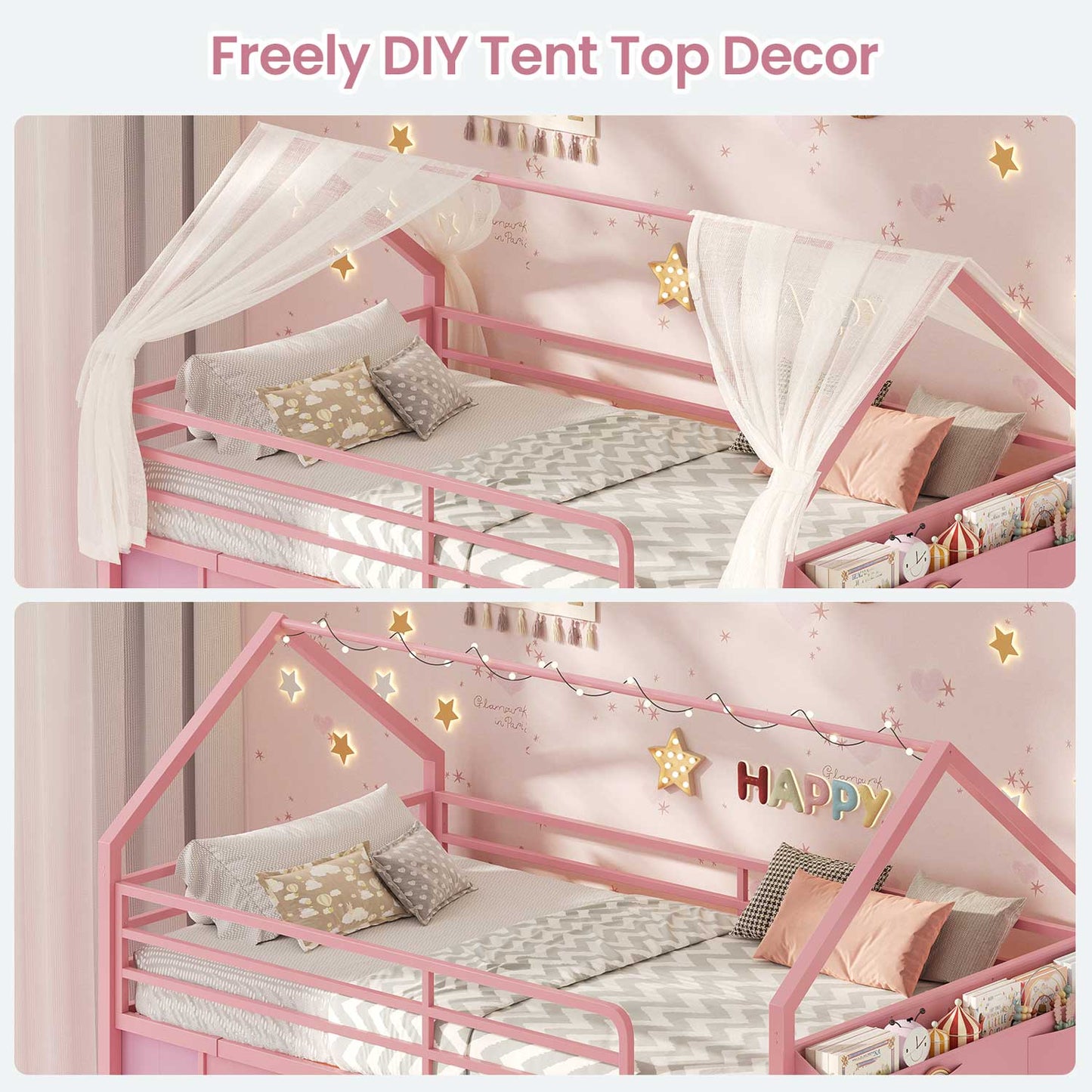 Twin Low Loft Bed with 6 Drawers Stuffed Animal Storage and LED Lights Pink