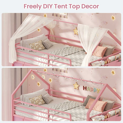 Twin Low Loft Bed with 6 Drawers Stuffed Animal Storage and LED Lights Pink