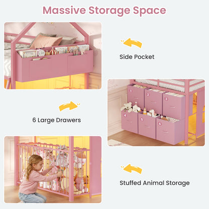 Twin Low Loft Bed with 6 Drawers Stuffed Animal Storage and LED Lights Pink