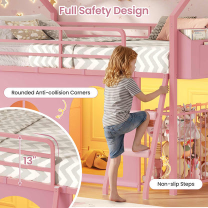 Twin Low Loft Bed with 6 Drawers Stuffed Animal Storage and LED Lights Pink