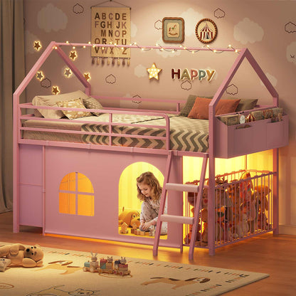 Twin Low Loft Bed with 6 Drawers Stuffed Animal Storage and LED Lights Pink