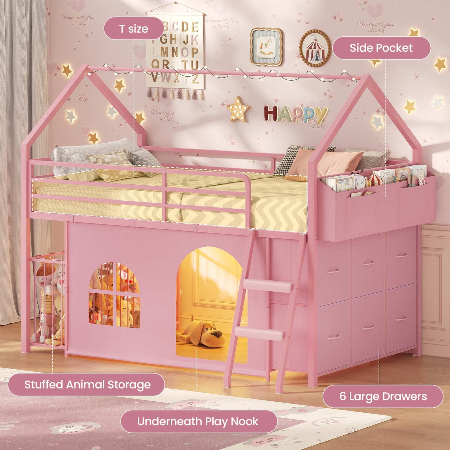 Twin Low Loft Bed with 6 Drawers Stuffed Animal Storage and LED Lights Pink