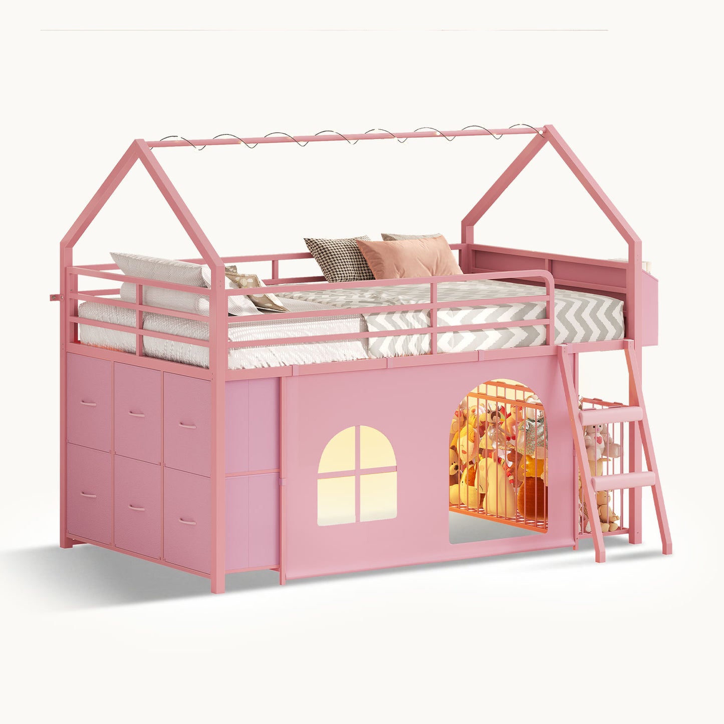 Twin Low Loft Bed with 6 Drawers Stuffed Animal Storage and LED Lights Pink