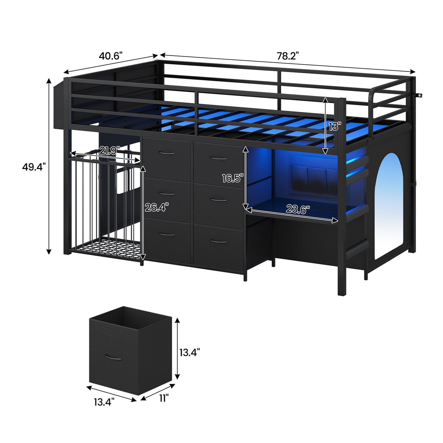 Twin Size Low Loft Bed with Desk and 6 Storage Drawers for Kids Black