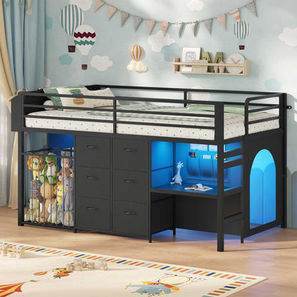 Twin Size Low Loft Bed with Desk and 6 Storage Drawers for Kids Black
