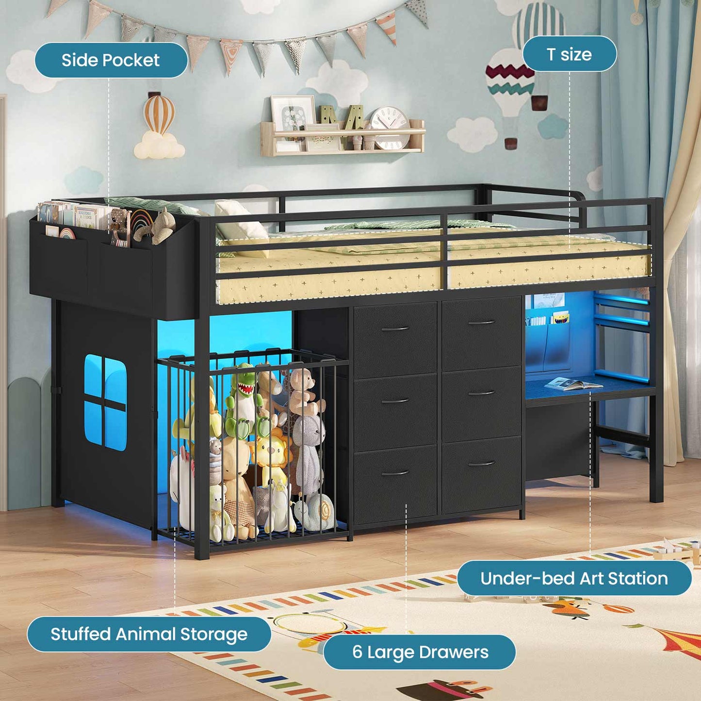 Twin Size Low Loft Bed with Desk and 6 Storage Drawers for Kids Black