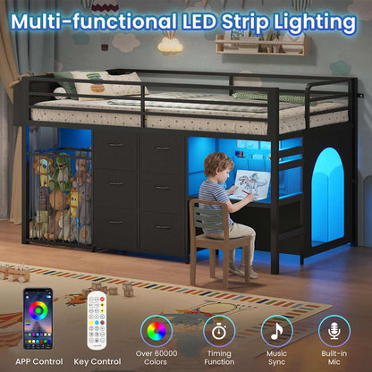 Twin Size Low Loft Bed with Desk and 6 Storage Drawers for Kids Black