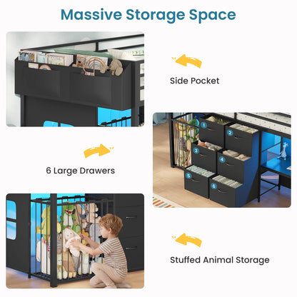 Twin Size Low Loft Bed with Desk and 6 Storage Drawers for Kids Black