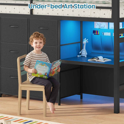 Twin Size Low Loft Bed with Desk and 6 Storage Drawers for Kids Black