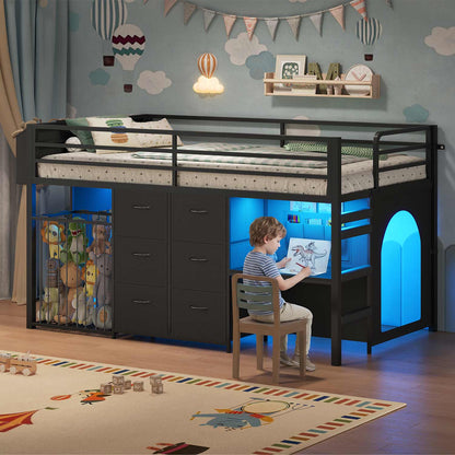 Twin Size Low Loft Bed with Desk and 6 Storage Drawers for Kids Black