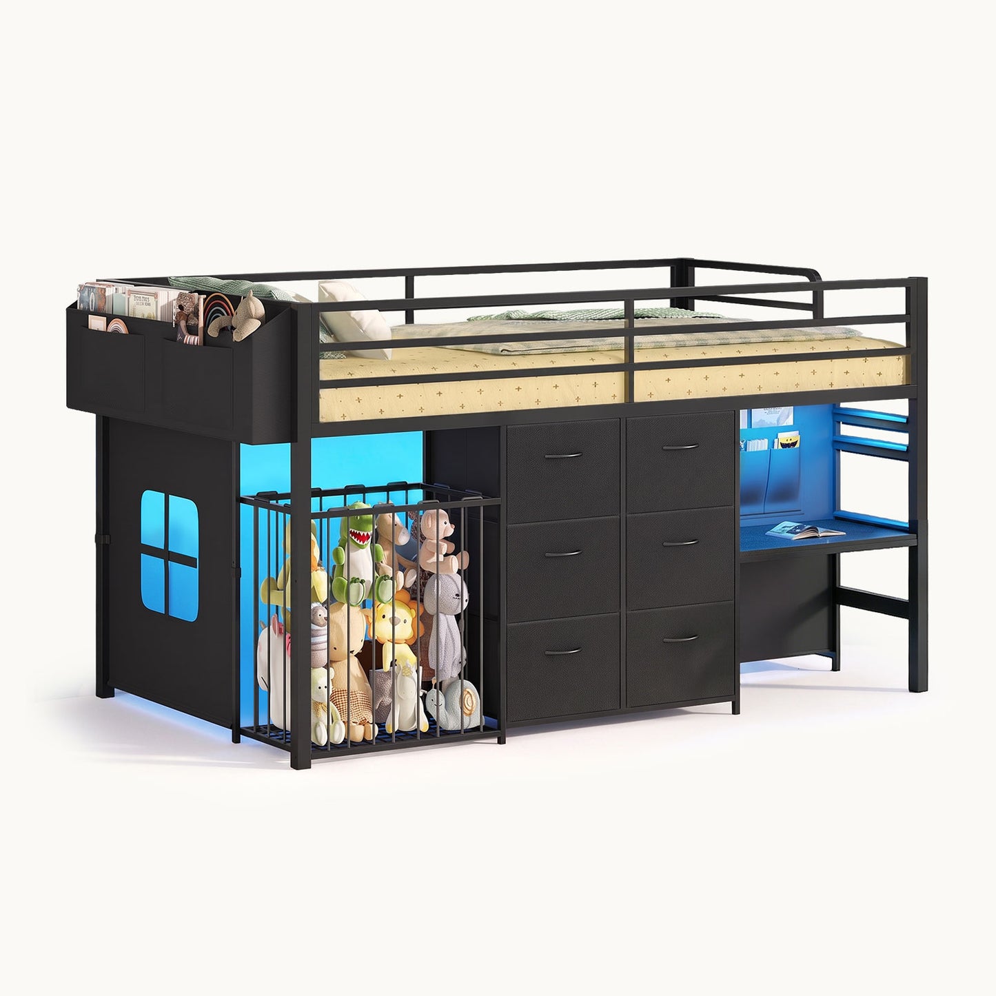 Twin Size Low Loft Bed with Desk and 6 Storage Drawers for Kids Black