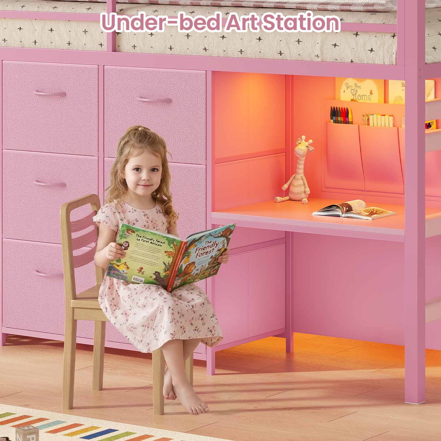 Twin Size Low Loft Bed with Desk and 6 Storage Drawers for Kids Pink