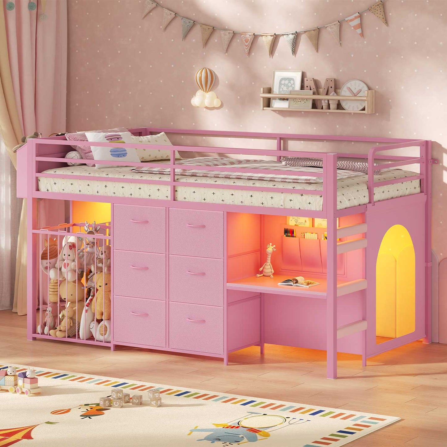 Twin Size Low Loft Bed with Desk and 6 Storage Drawers for Kids Pink