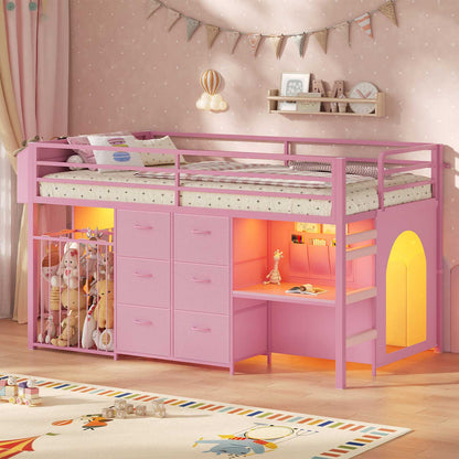Twin Size Low Loft Bed with Desk and 6 Storage Drawers for Kids Pink