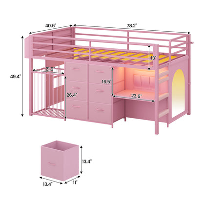 Twin Size Low Loft Bed with Desk and 6 Storage Drawers for Kids Pink