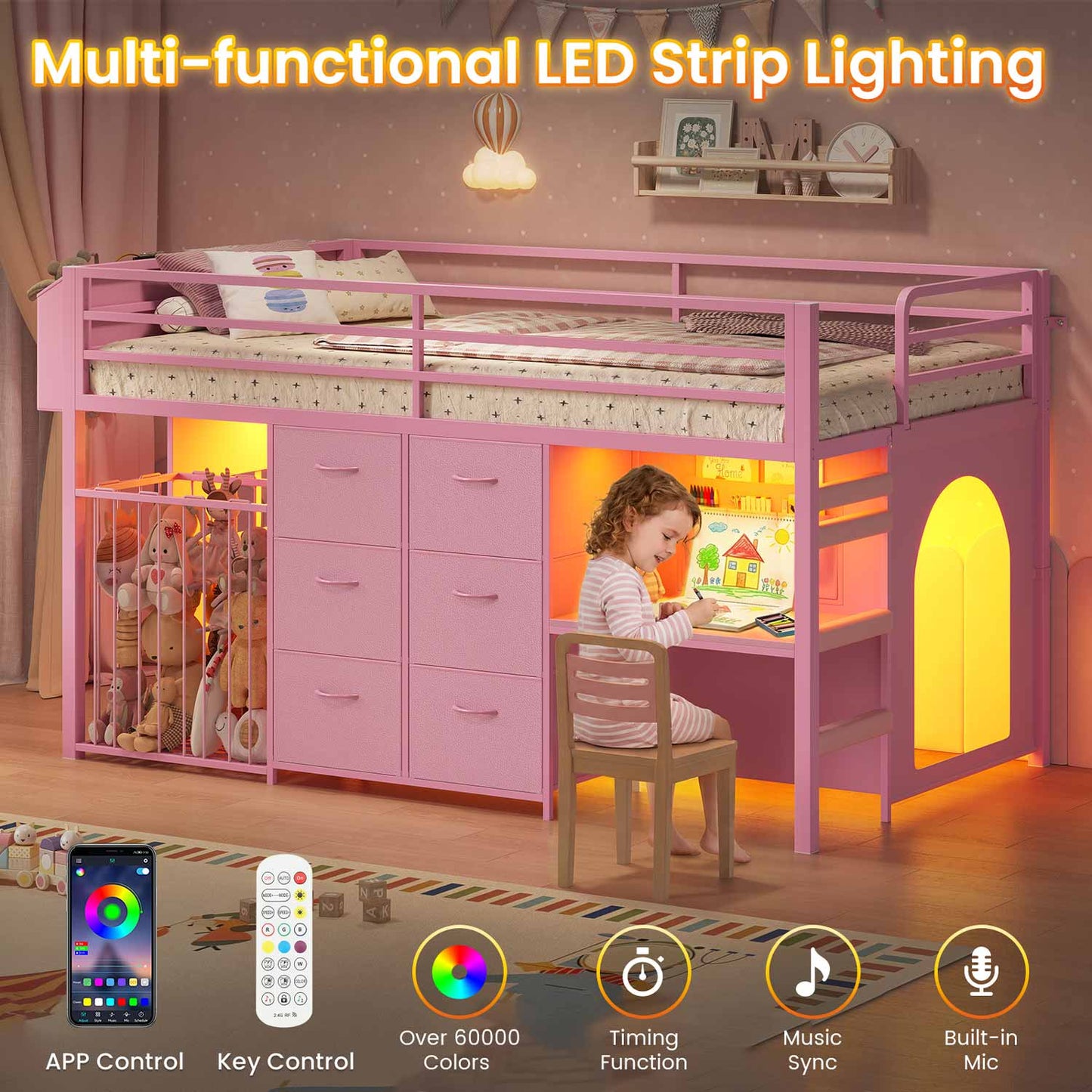 Twin Size Low Loft Bed with Desk and 6 Storage Drawers for Kids Pink