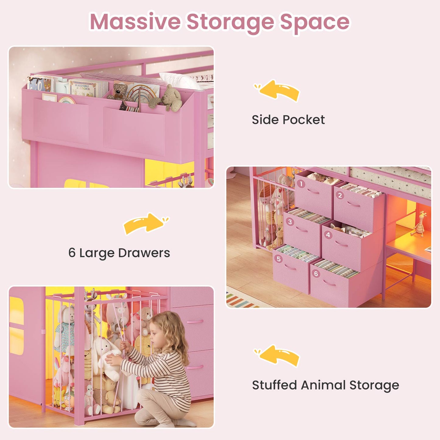 Twin Size Low Loft Bed with Desk and 6 Storage Drawers for Kids Pink