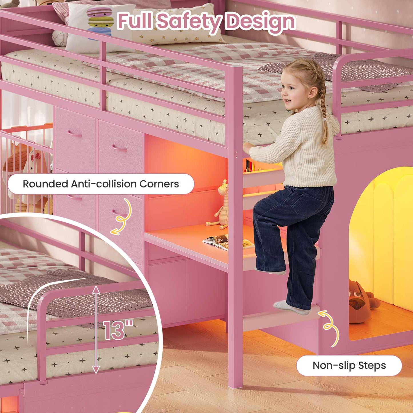 Twin Size Low Loft Bed with Desk and 6 Storage Drawers for Kids Pink