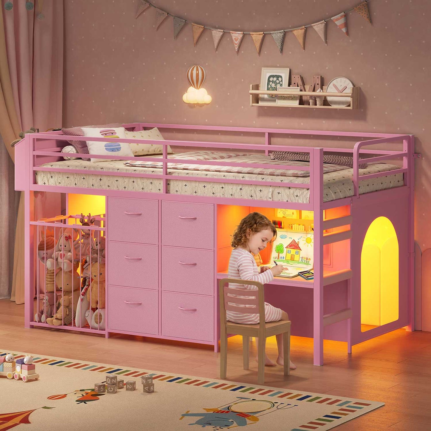 Twin Size Low Loft Bed with Desk and 6 Storage Drawers for Kids Pink