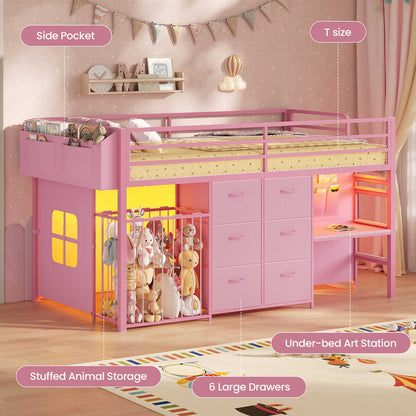 Twin Size Low Loft Bed with Desk and 6 Storage Drawers for Kids Pink
