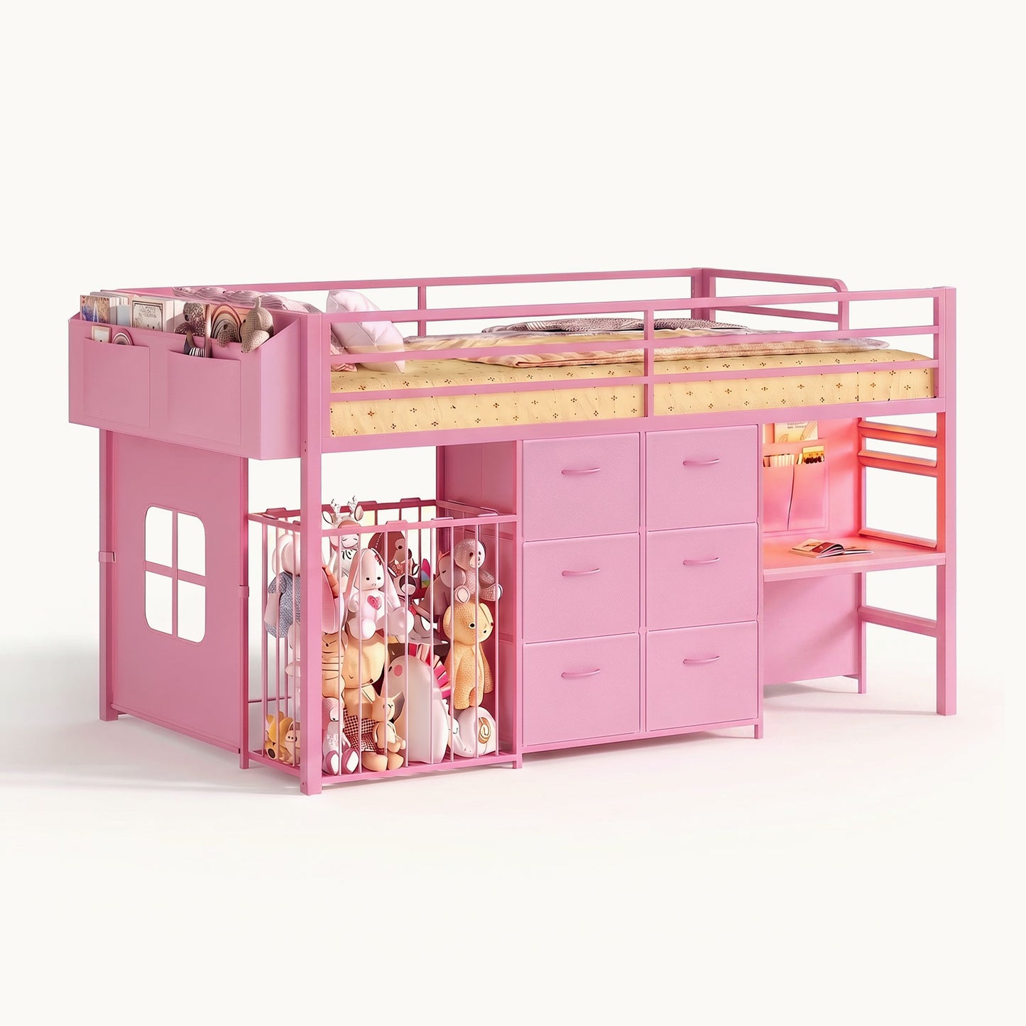 Twin Size Low Loft Bed with Desk and 6 Storage Drawers for Kids Pink