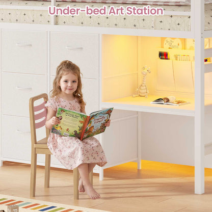 Twin Size Low Loft Bed with Desk and 6 Storage Drawers for Kids White