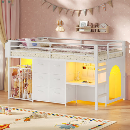 Twin Size Low Loft Bed with Desk and 6 Storage Drawers for Kids White