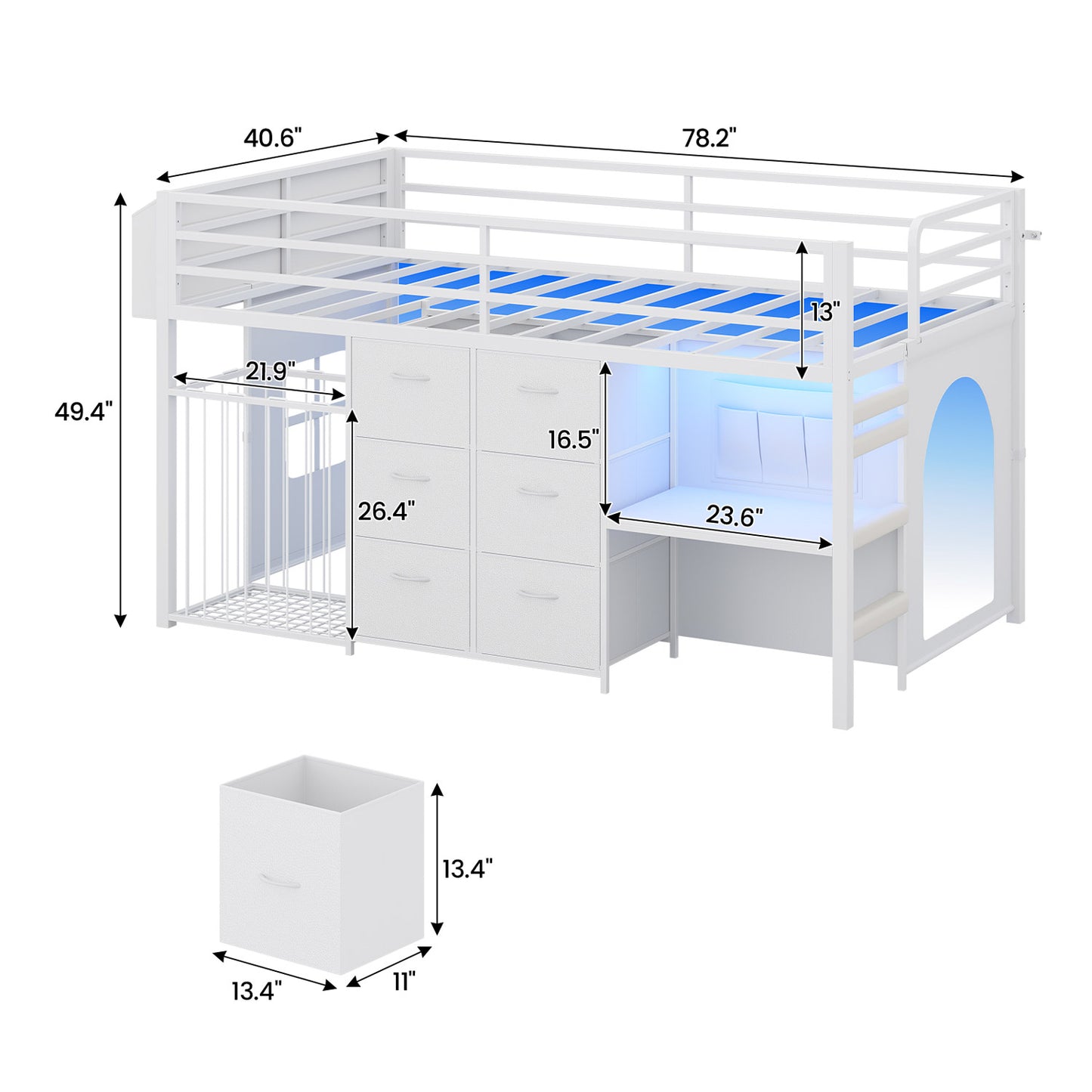 Twin Size Low Loft Bed with Desk and 6 Storage Drawers for Kids White