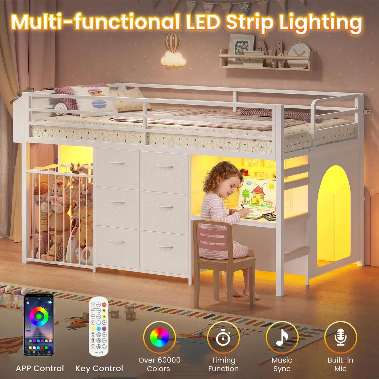 Twin Size Low Loft Bed with Desk and 6 Storage Drawers for Kids White