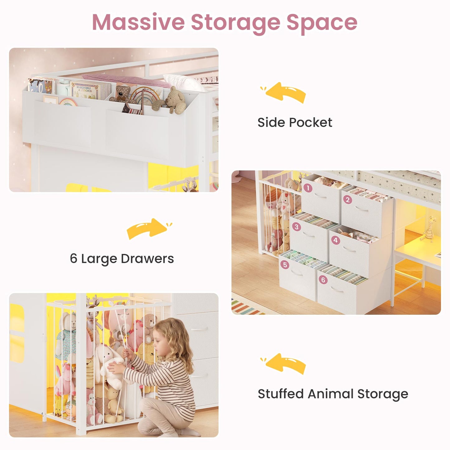 Twin Size Low Loft Bed with Desk and 6 Storage Drawers for Kids White
