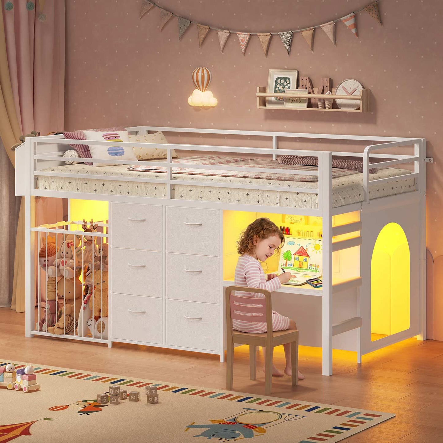 Twin Size Low Loft Bed with Desk and 6 Storage Drawers for Kids White