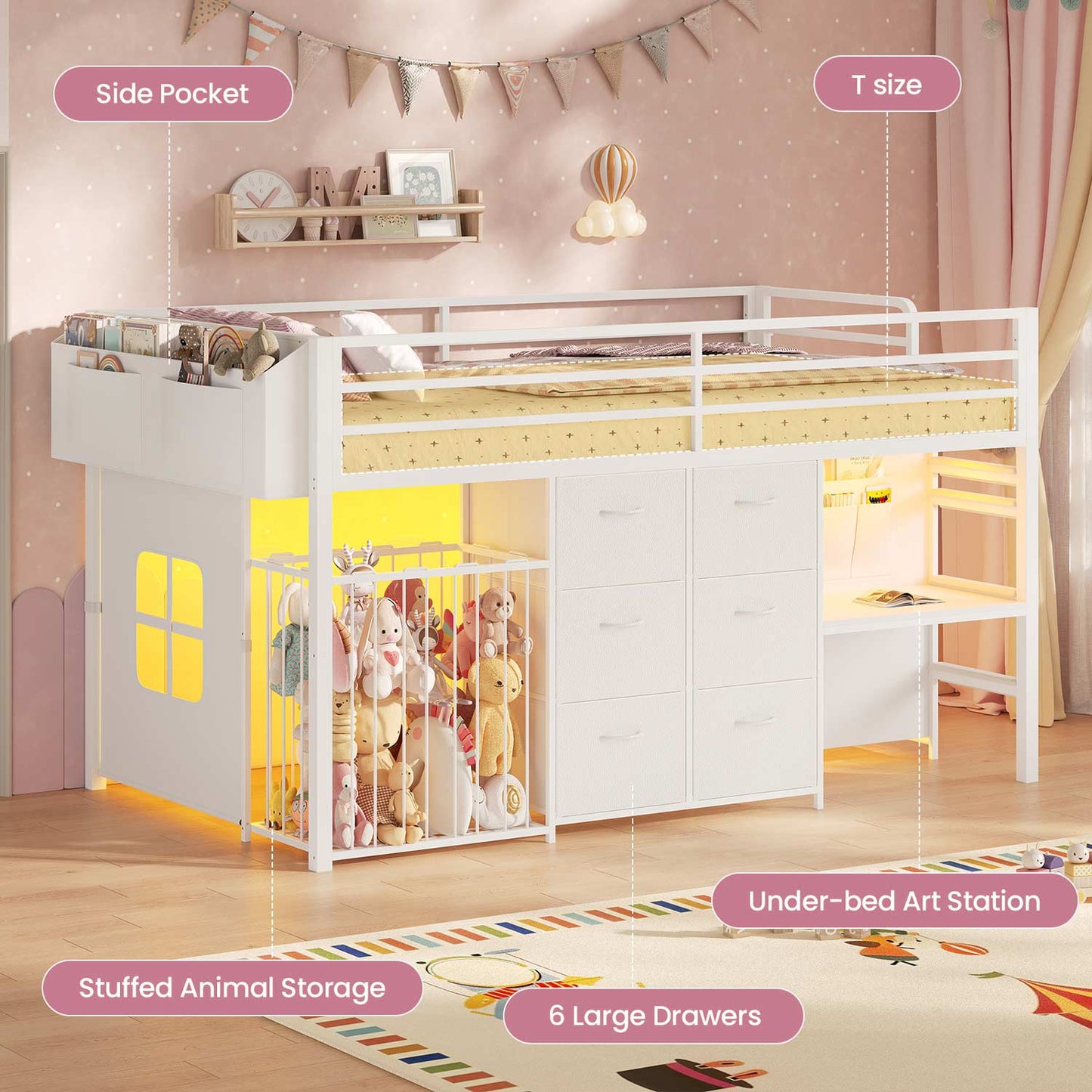 Twin Size Low Loft Bed with Desk and 6 Storage Drawers for Kids White