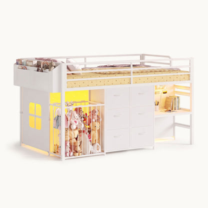 Twin Size Low Loft Bed with Desk and 6 Storage Drawers for Kids White