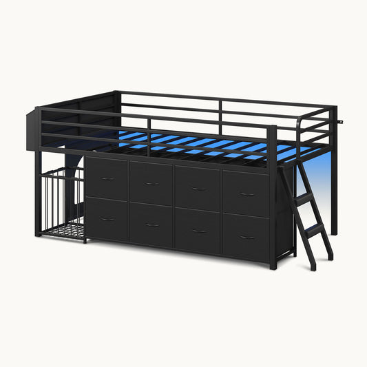 Twin Size Low Loft Bed with RGB Lights & 8 Drawers Black